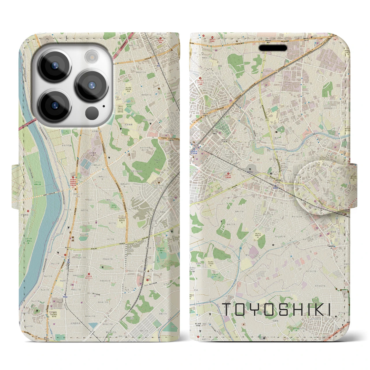 【豊四季】地図柄iPhoneケース（手帳両面タイプ・ナチュラル）iPhone 14 Pro 用