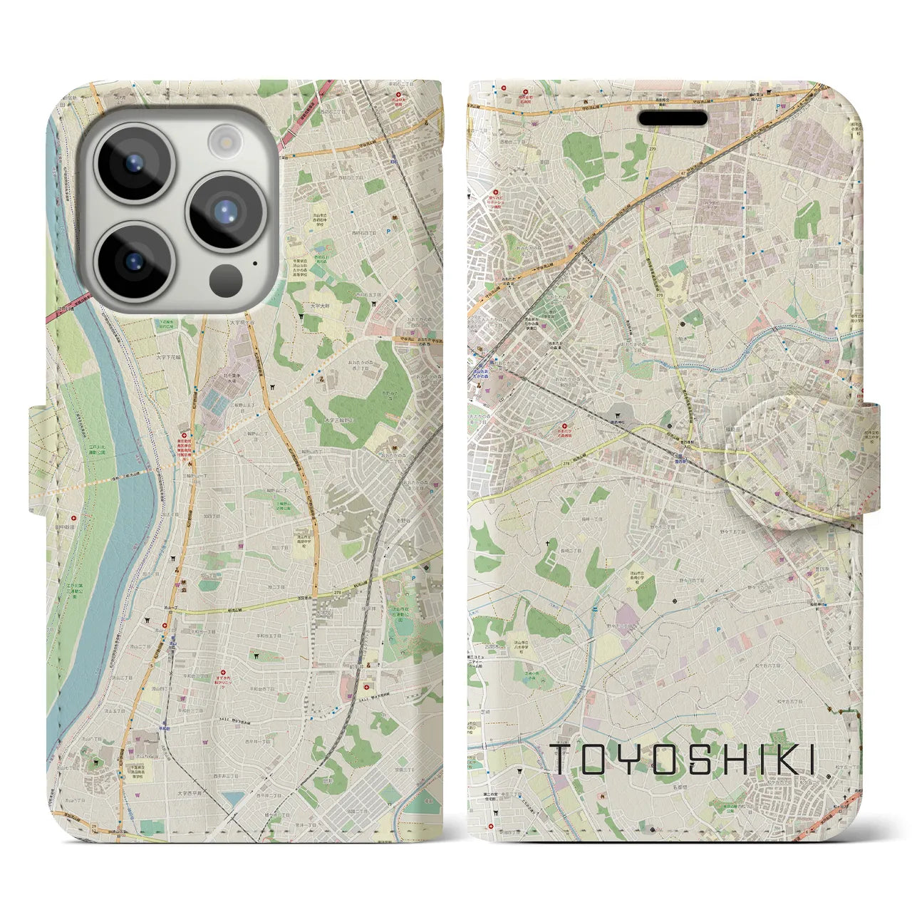 【豊四季】地図柄iPhoneケース（手帳両面タイプ・ナチュラル）iPhone 15 Pro 用