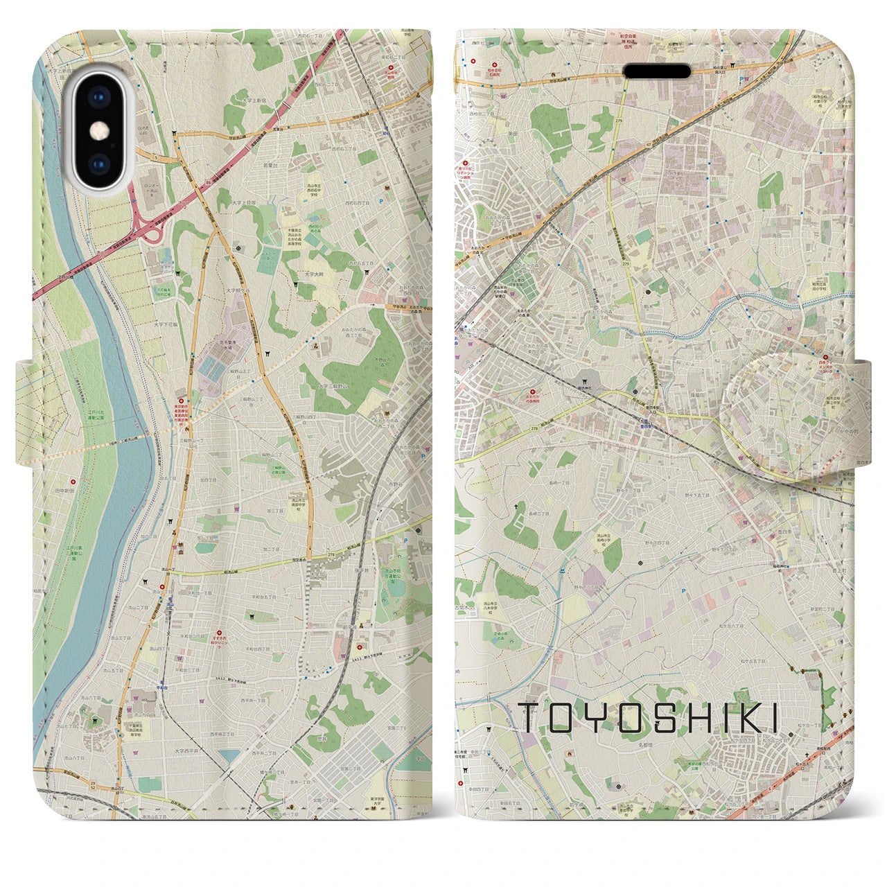 【豊四季】地図柄iPhoneケース（手帳両面タイプ・ナチュラル）iPhone XS Max 用
