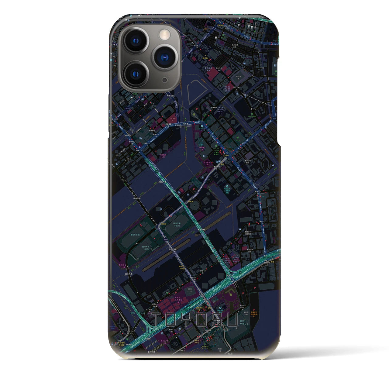 【豊洲】地図柄iPhoneケース（バックカバータイプ・ブラック）iPhone 11 Pro Max 用