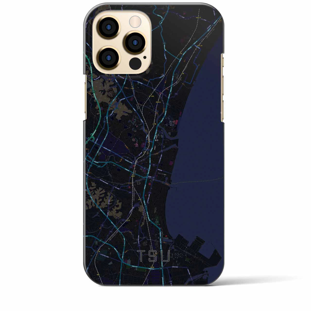 【津】地図柄iPhoneケース（バックカバータイプ・ブラック）iPhone 12 Pro Max 用
