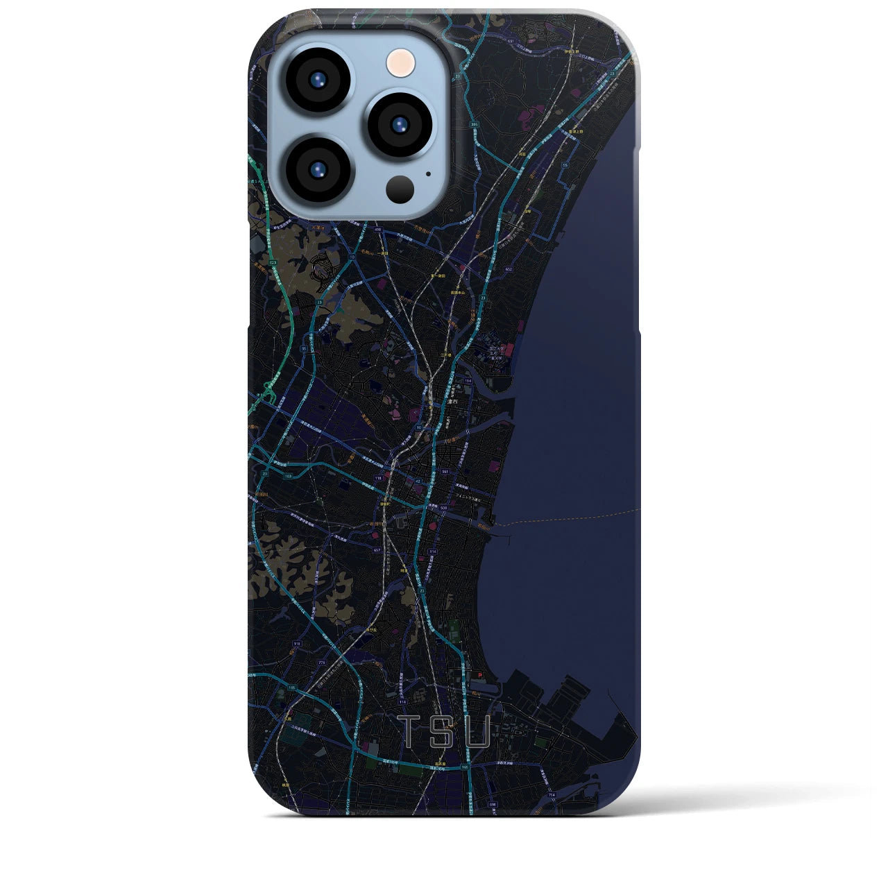【津】地図柄iPhoneケース（バックカバータイプ・ブラック）iPhone 13 Pro Max 用