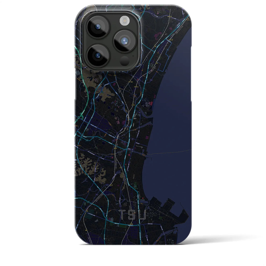 【津】地図柄iPhoneケース（バックカバータイプ・ブラック）iPhone 15 Pro Max 用