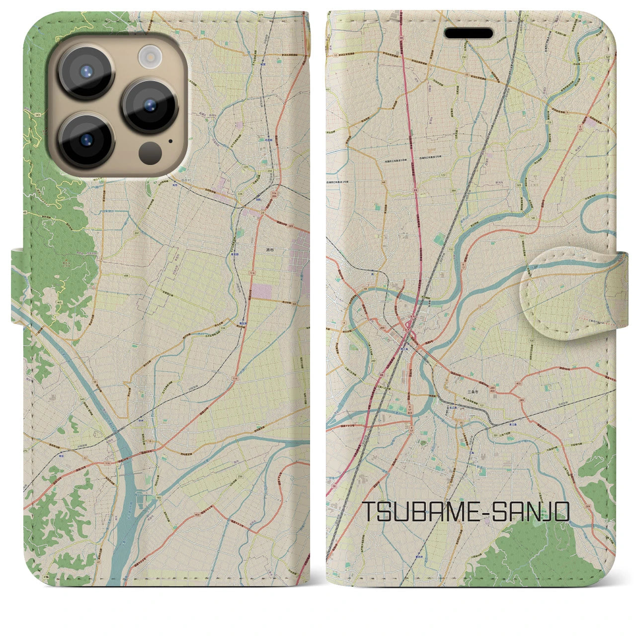 【燕三条】地図柄iPhoneケース（手帳両面タイプ・ナチュラル）iPhone 14 Pro Max 用