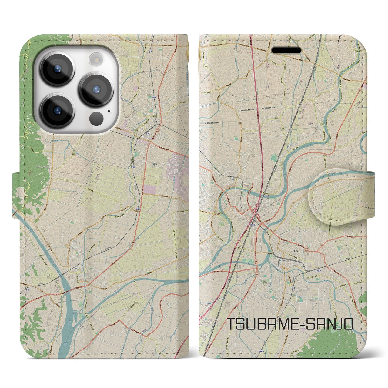 【燕三条】地図柄iPhoneケース（手帳両面タイプ・ナチュラル）iPhone 14 Pro 用