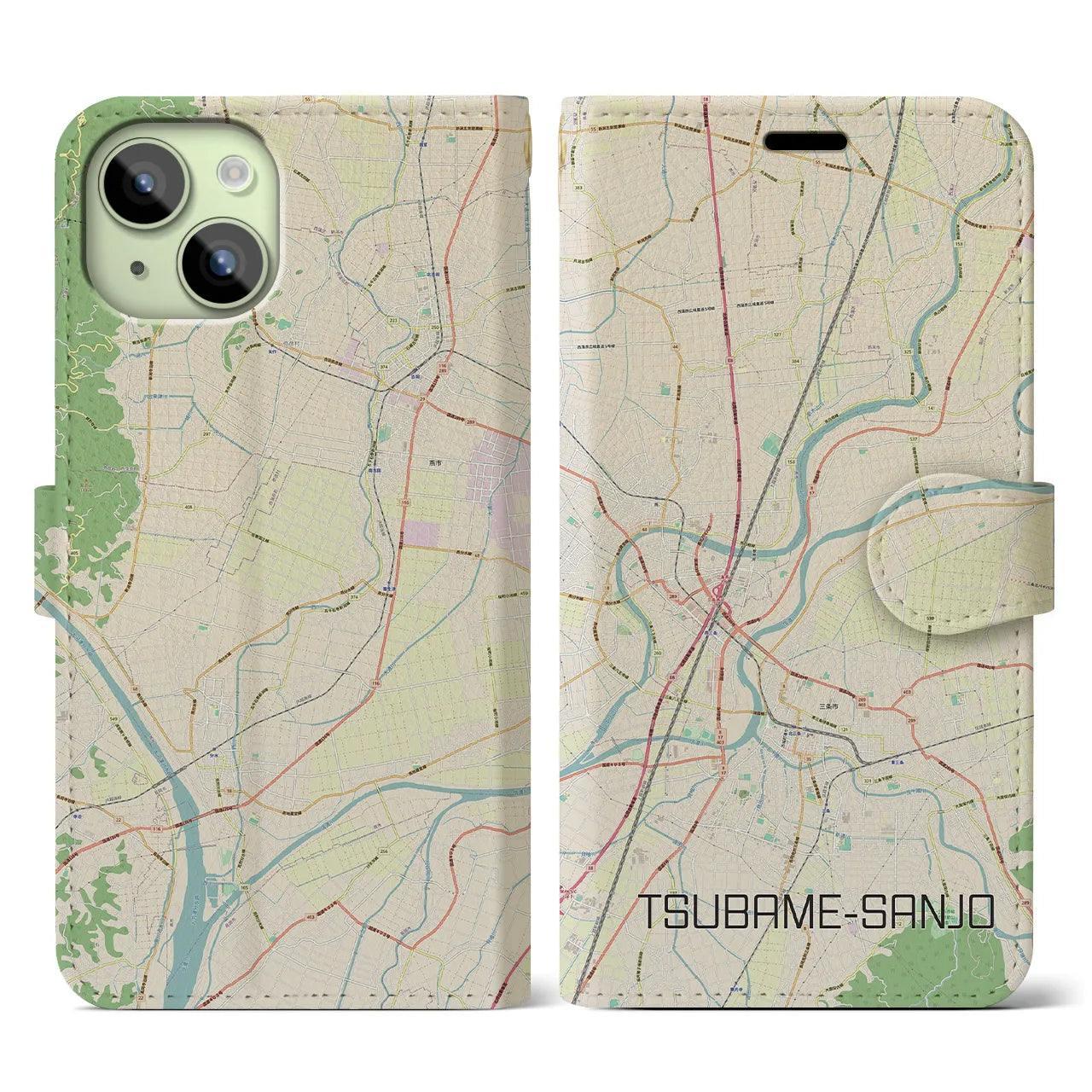 【燕三条】地図柄iPhoneケース（手帳両面タイプ・ナチュラル）iPhone 15 用
