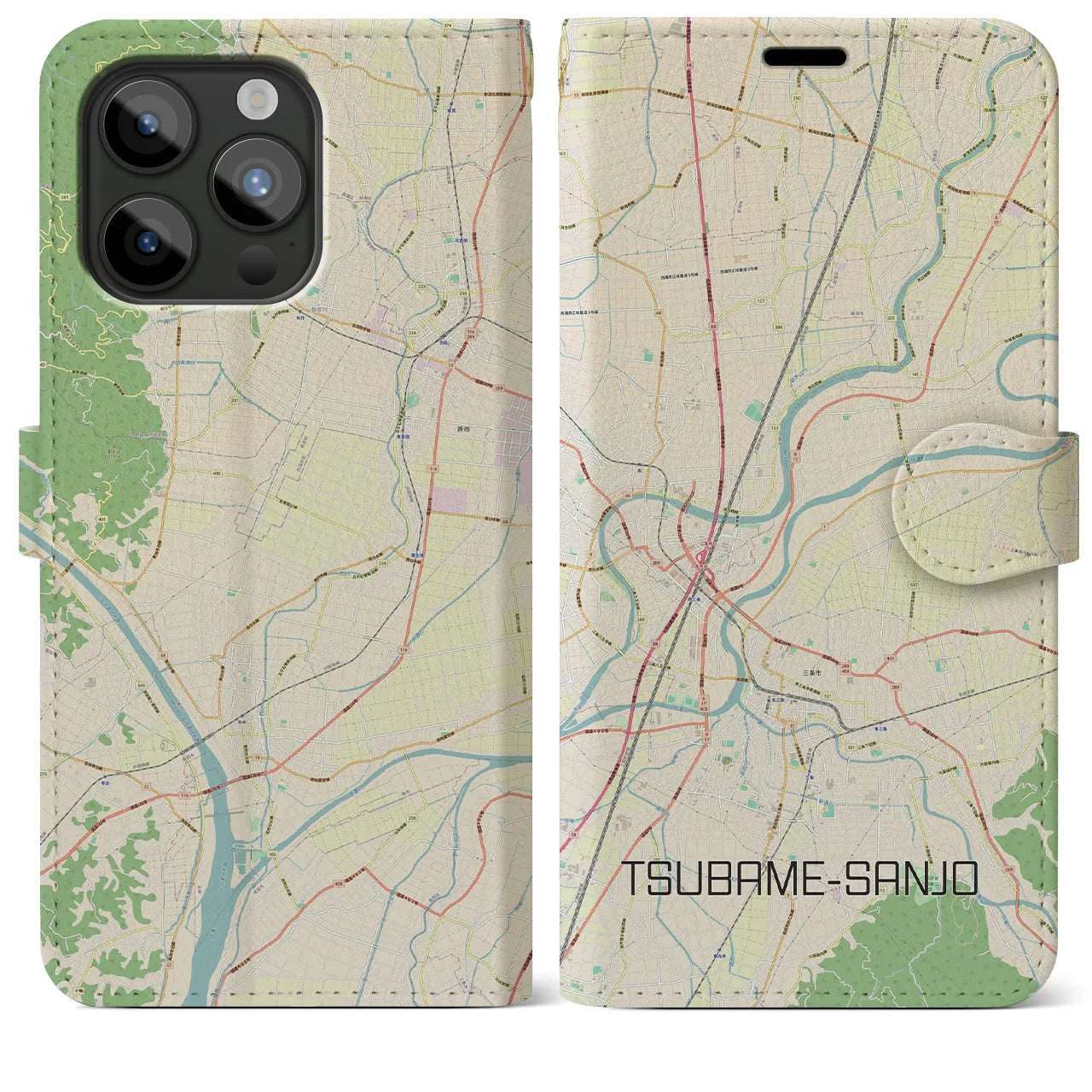 【燕三条】地図柄iPhoneケース（手帳両面タイプ・ナチュラル）iPhone 15 Pro Max 用