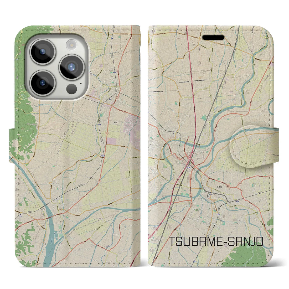 【燕三条】地図柄iPhoneケース（手帳両面タイプ・ナチュラル）iPhone 15 Pro 用