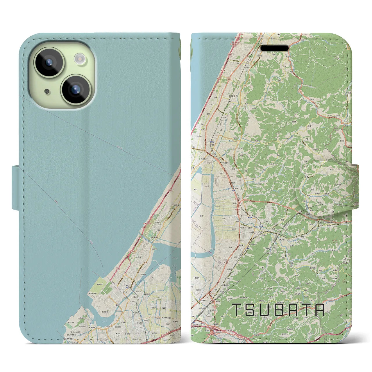 【津幡】地図柄iPhoneケース（手帳両面タイプ・ナチュラル）iPhone 15 用