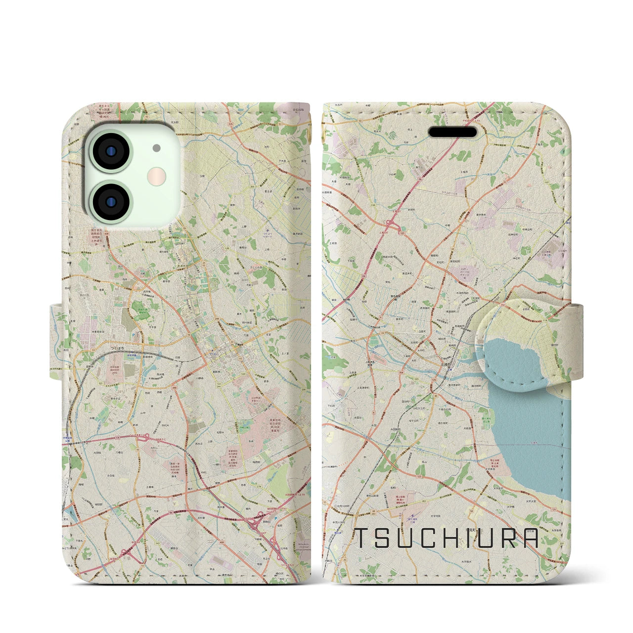 【土浦】地図柄iPhoneケース（手帳両面タイプ・ナチュラル）iPhone 12 mini 用