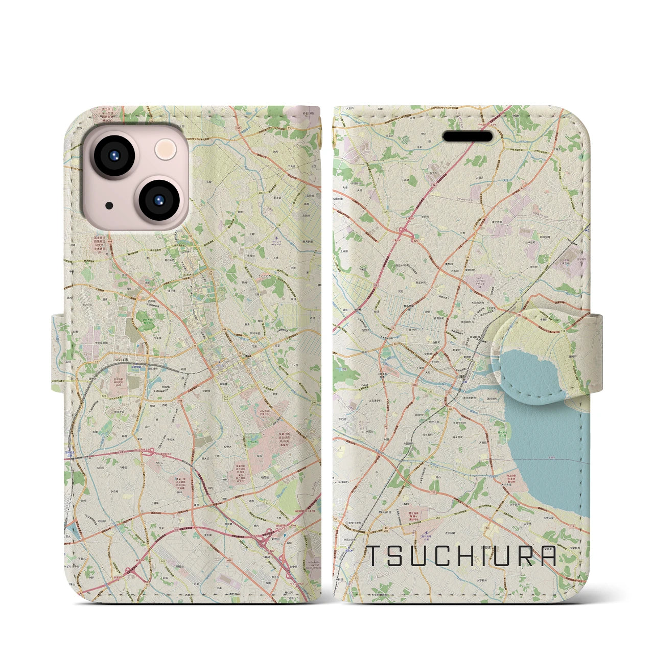 【土浦】地図柄iPhoneケース（手帳両面タイプ・ナチュラル）iPhone 13 mini 用
