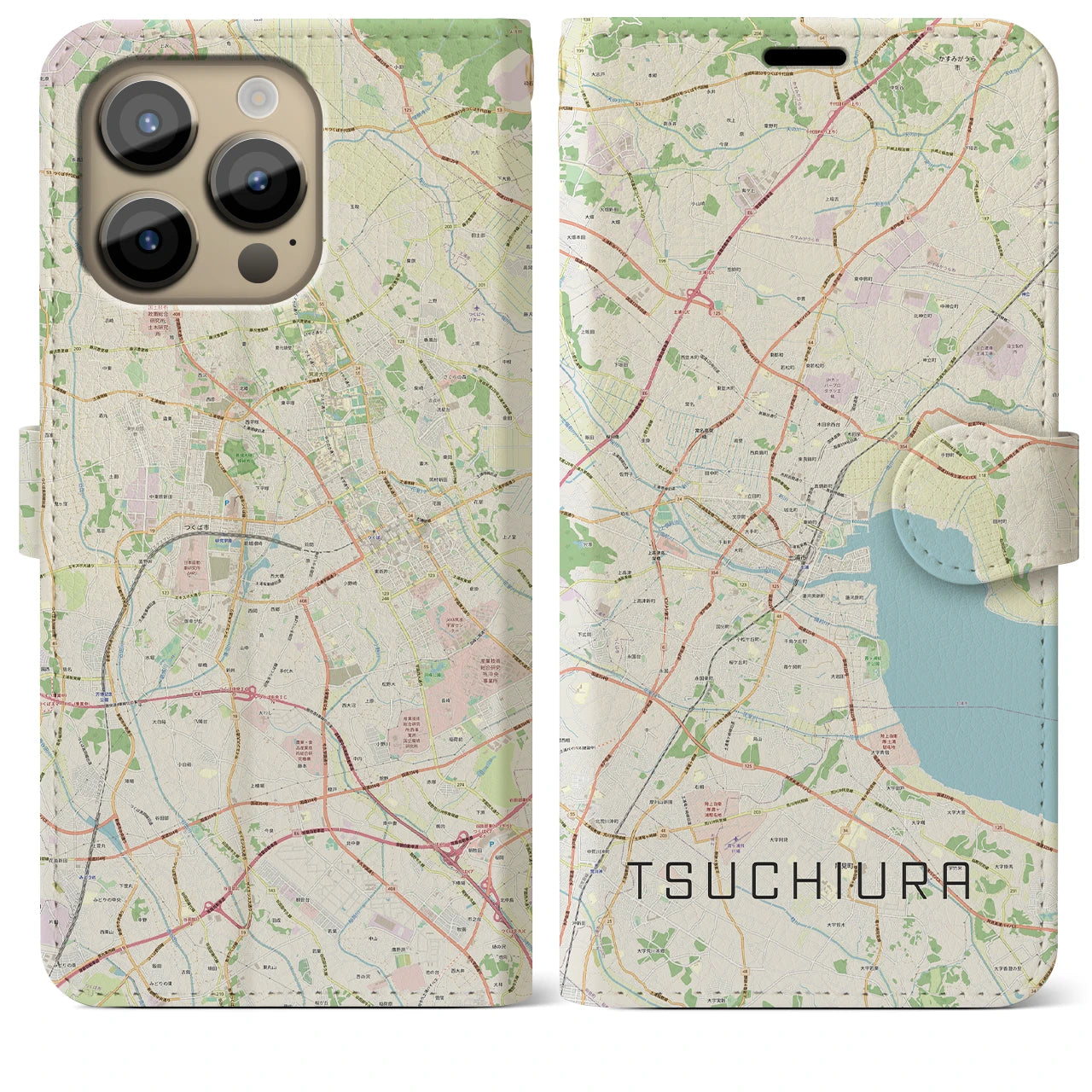 【土浦】地図柄iPhoneケース（手帳両面タイプ・ナチュラル）iPhone 14 Pro Max 用