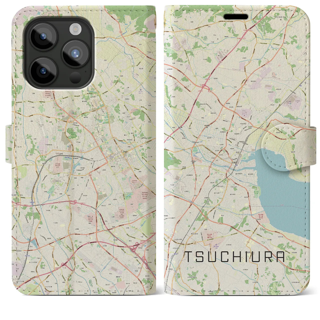 【土浦】地図柄iPhoneケース（手帳両面タイプ・ナチュラル）iPhone 15 Pro Max 用