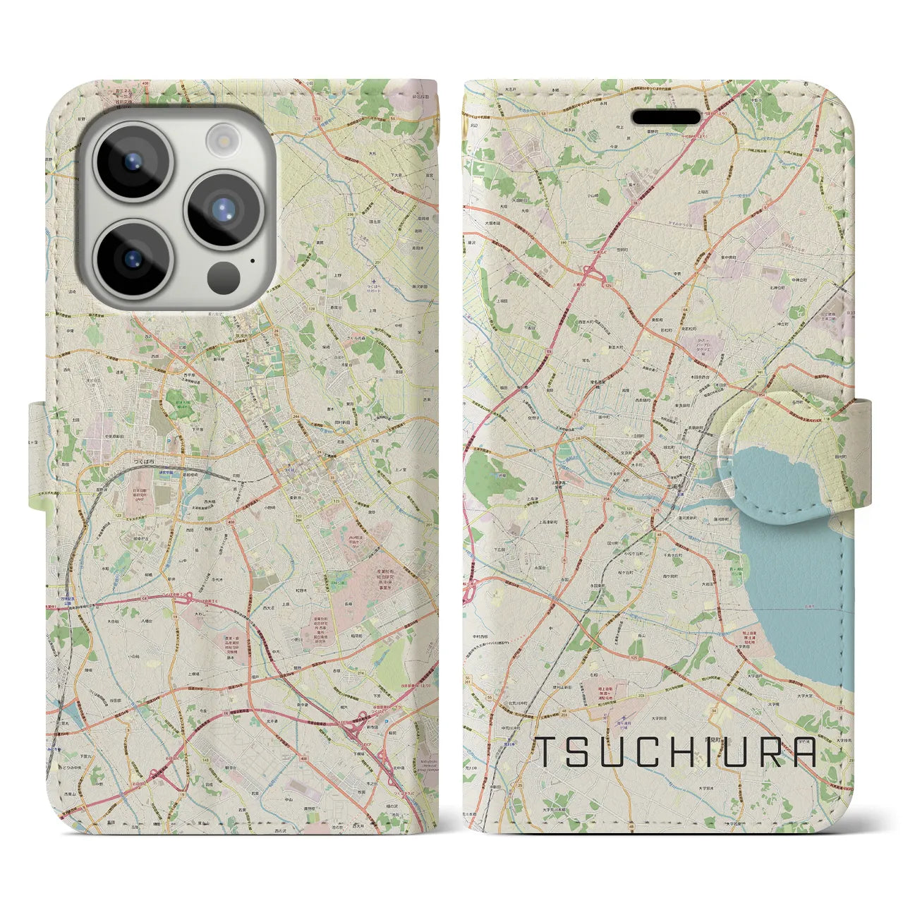 【土浦】地図柄iPhoneケース（手帳両面タイプ・ナチュラル）iPhone 15 Pro 用