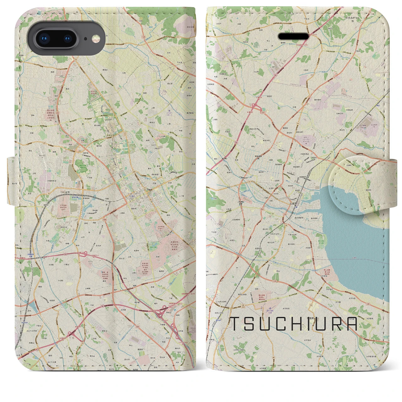 【土浦】地図柄iPhoneケース（手帳両面タイプ・ナチュラル）iPhone 8Plus /7Plus / 6sPlus / 6Plus 用