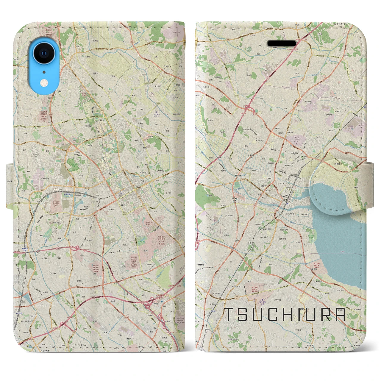 【土浦】地図柄iPhoneケース（手帳両面タイプ・ナチュラル）iPhone XR 用
