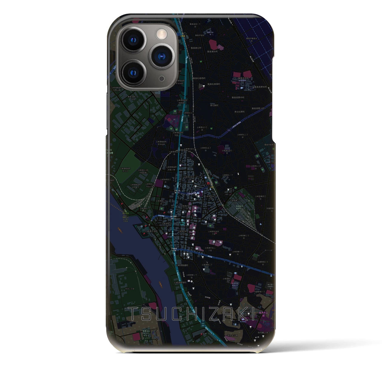 【土崎】地図柄iPhoneケース（バックカバータイプ・ブラック）iPhone 11 Pro Max 用