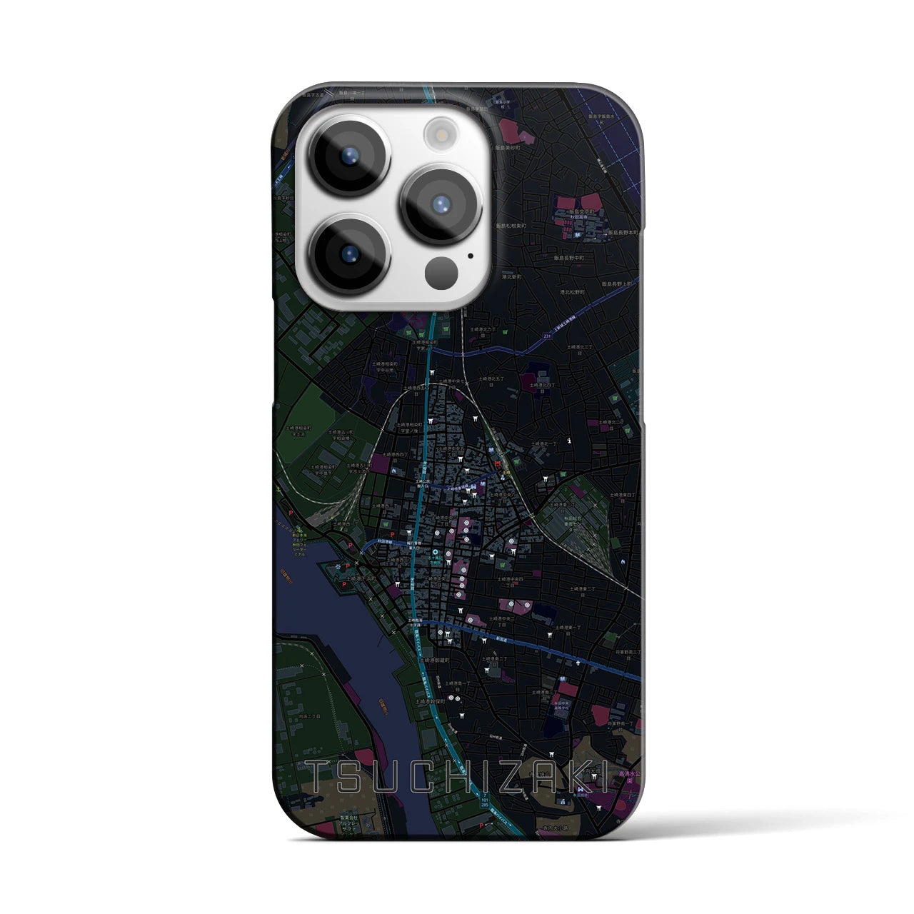 【土崎】地図柄iPhoneケース（バックカバータイプ・ブラック）iPhone 14 Pro 用