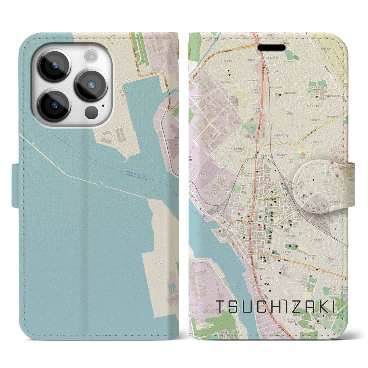 【土崎】地図柄iPhoneケース（手帳両面タイプ・ナチュラル）iPhone 14 Pro 用