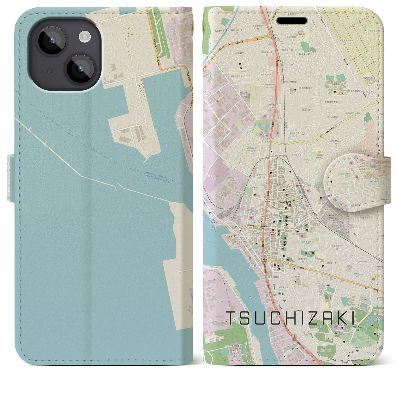 【土崎】地図柄iPhoneケース（手帳両面タイプ・ナチュラル）iPhone 14 Plus 用