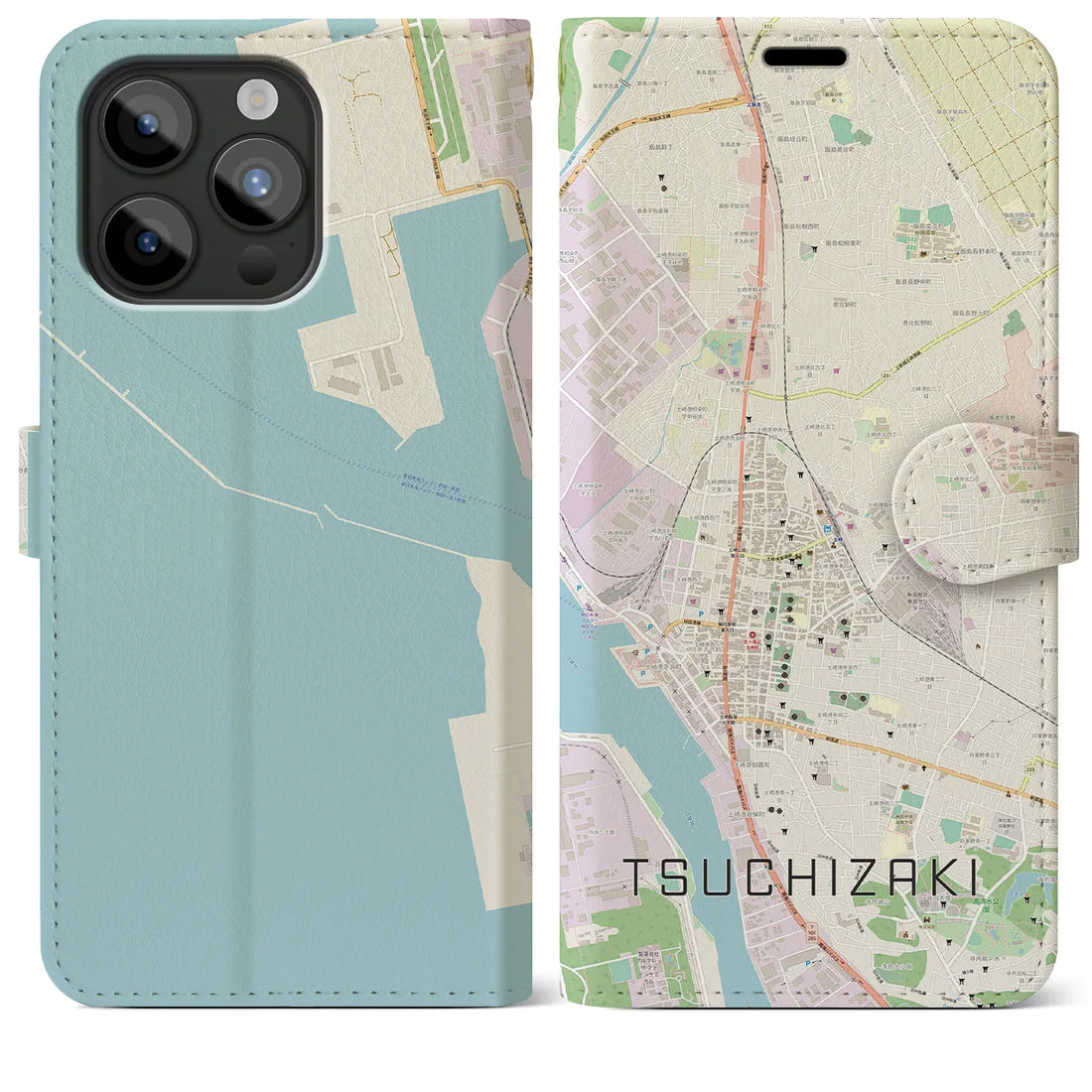 【土崎】地図柄iPhoneケース（手帳両面タイプ・ナチュラル）iPhone 15 Pro Max 用
