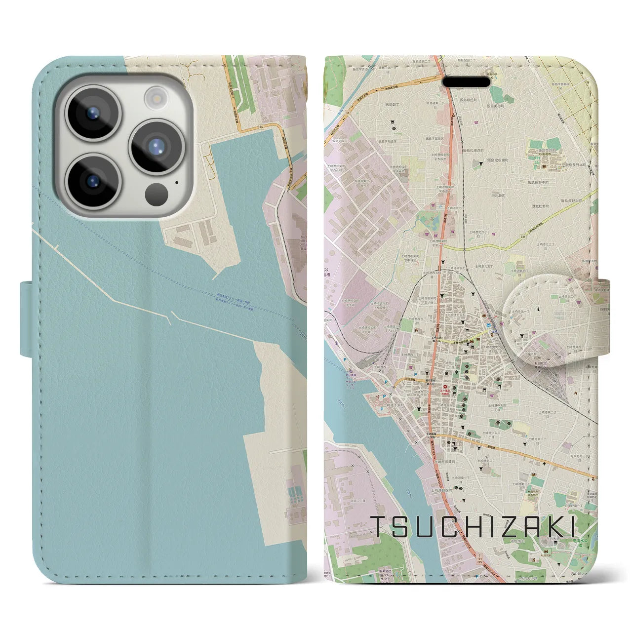 【土崎】地図柄iPhoneケース（手帳両面タイプ・ナチュラル）iPhone 15 Pro 用