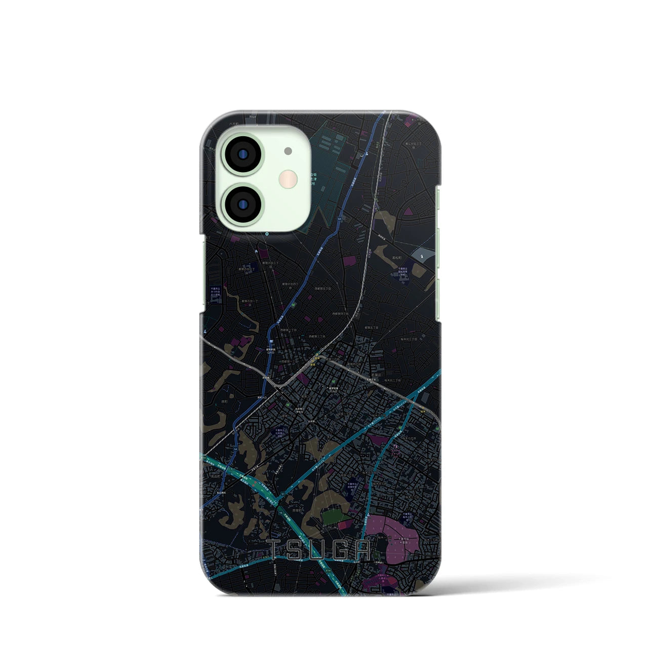 【都賀】地図柄iPhoneケース（バックカバータイプ・ブラック）iPhone 12 mini 用