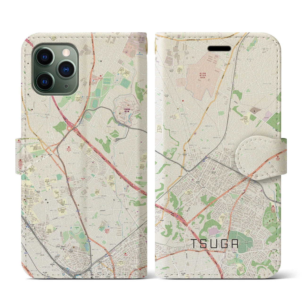 【都賀】地図柄iPhoneケース（手帳両面タイプ・ナチュラル）iPhone 11 Pro 用