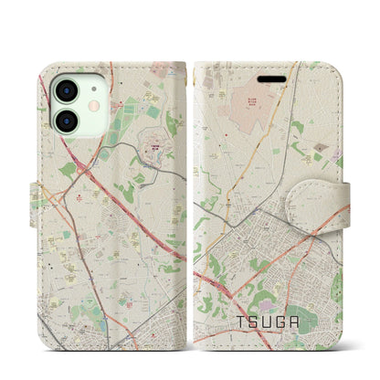 【都賀（千葉県）】地図柄iPhoneケース（手帳タイプ）ナチュラル・iPhone 12 mini 用