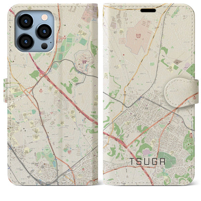 【都賀（千葉県）】地図柄iPhoneケース（手帳タイプ）ナチュラル・iPhone 13 Pro Max 用