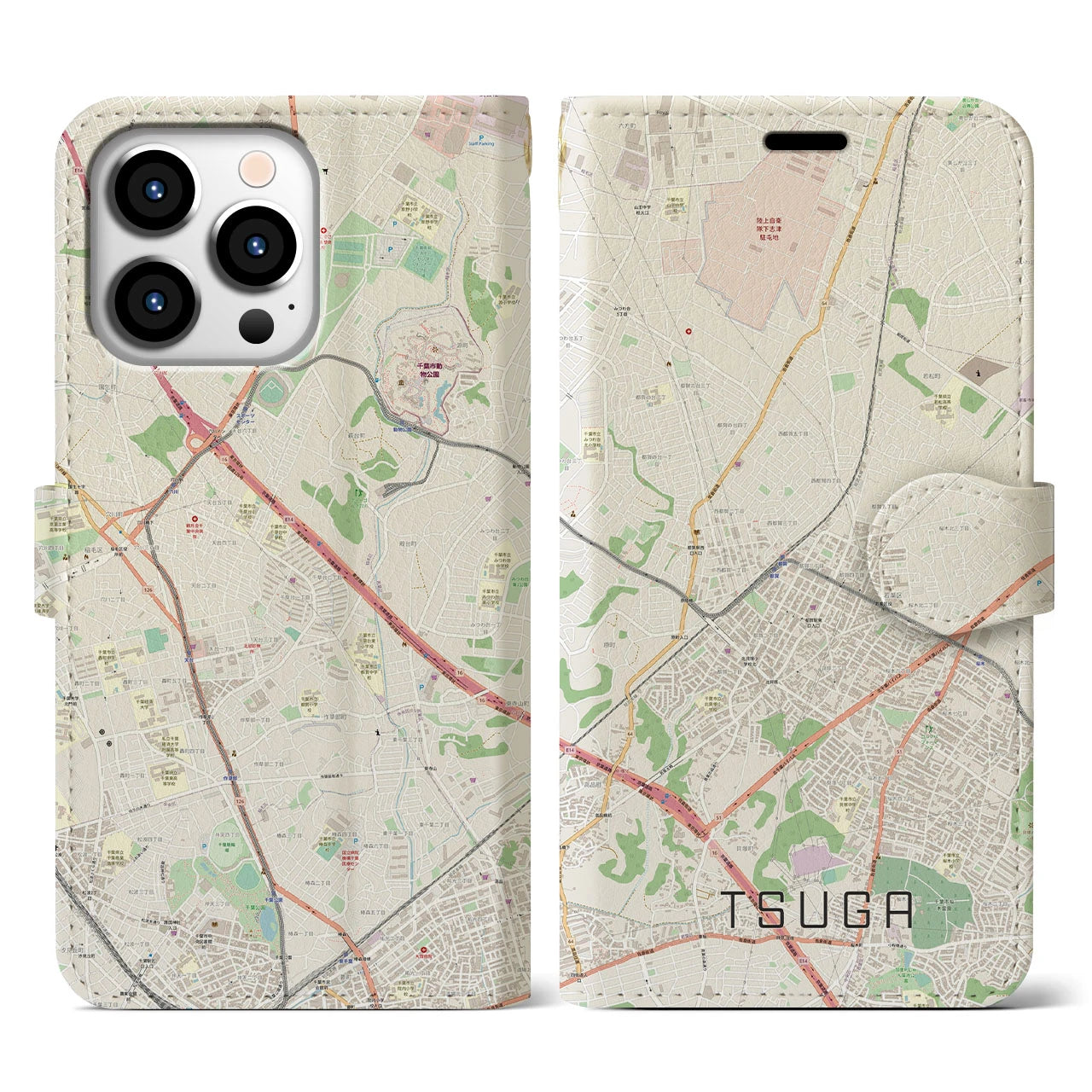 【都賀】地図柄iPhoneケース（手帳両面タイプ・ナチュラル）iPhone 13 Pro 用