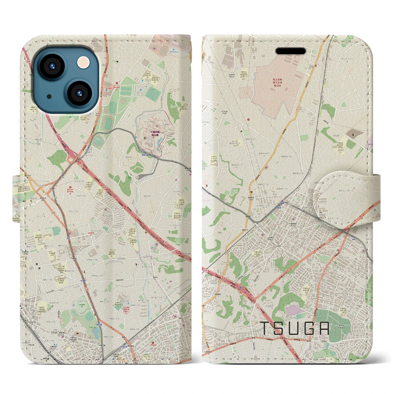 【都賀】地図柄iPhoneケース（手帳両面タイプ・ナチュラル）iPhone 13 用