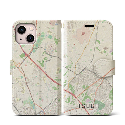 【都賀（千葉県）】地図柄iPhoneケース（手帳タイプ）ナチュラル・iPhone 13 mini 用