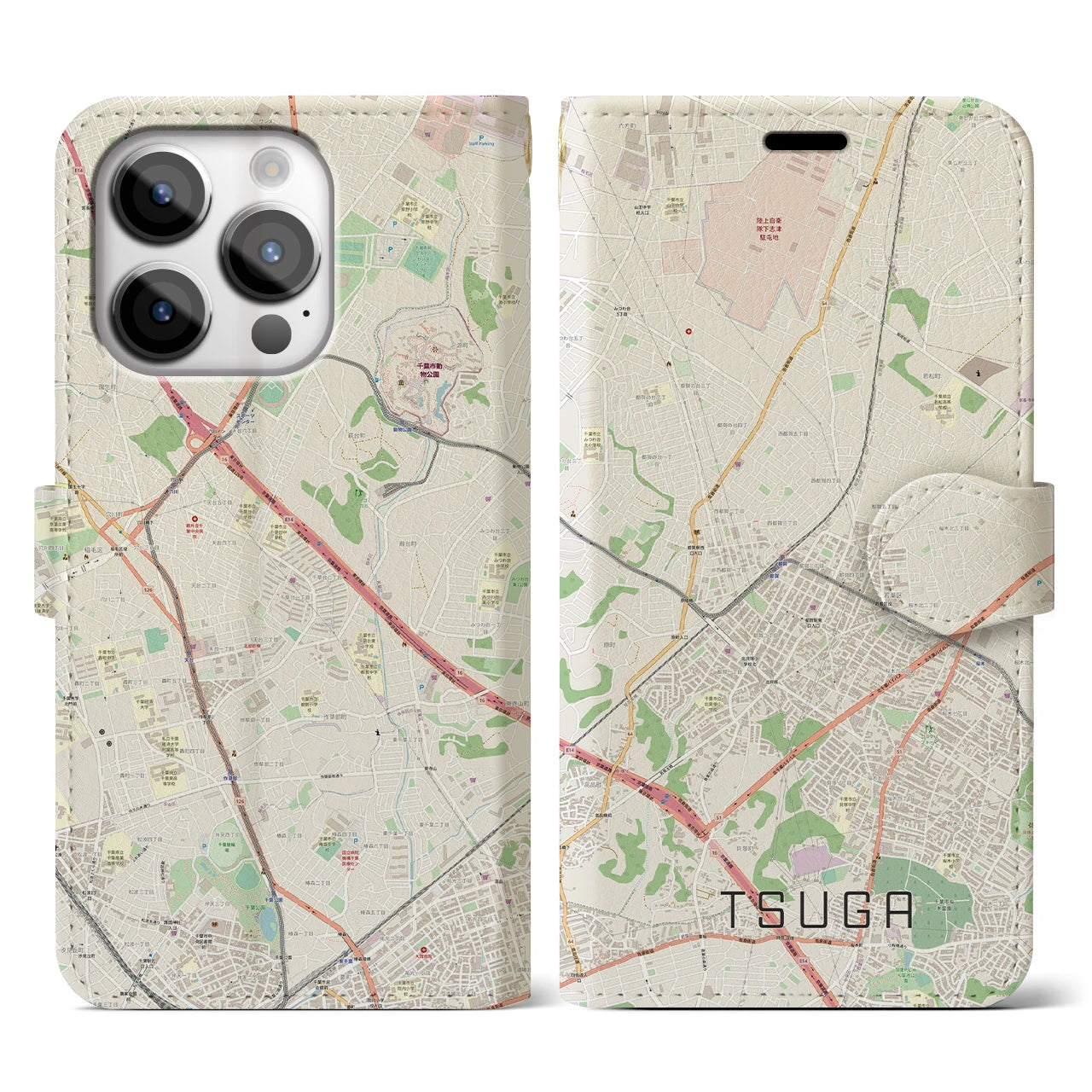 【都賀】地図柄iPhoneケース（手帳両面タイプ・ナチュラル）iPhone 14 Pro 用