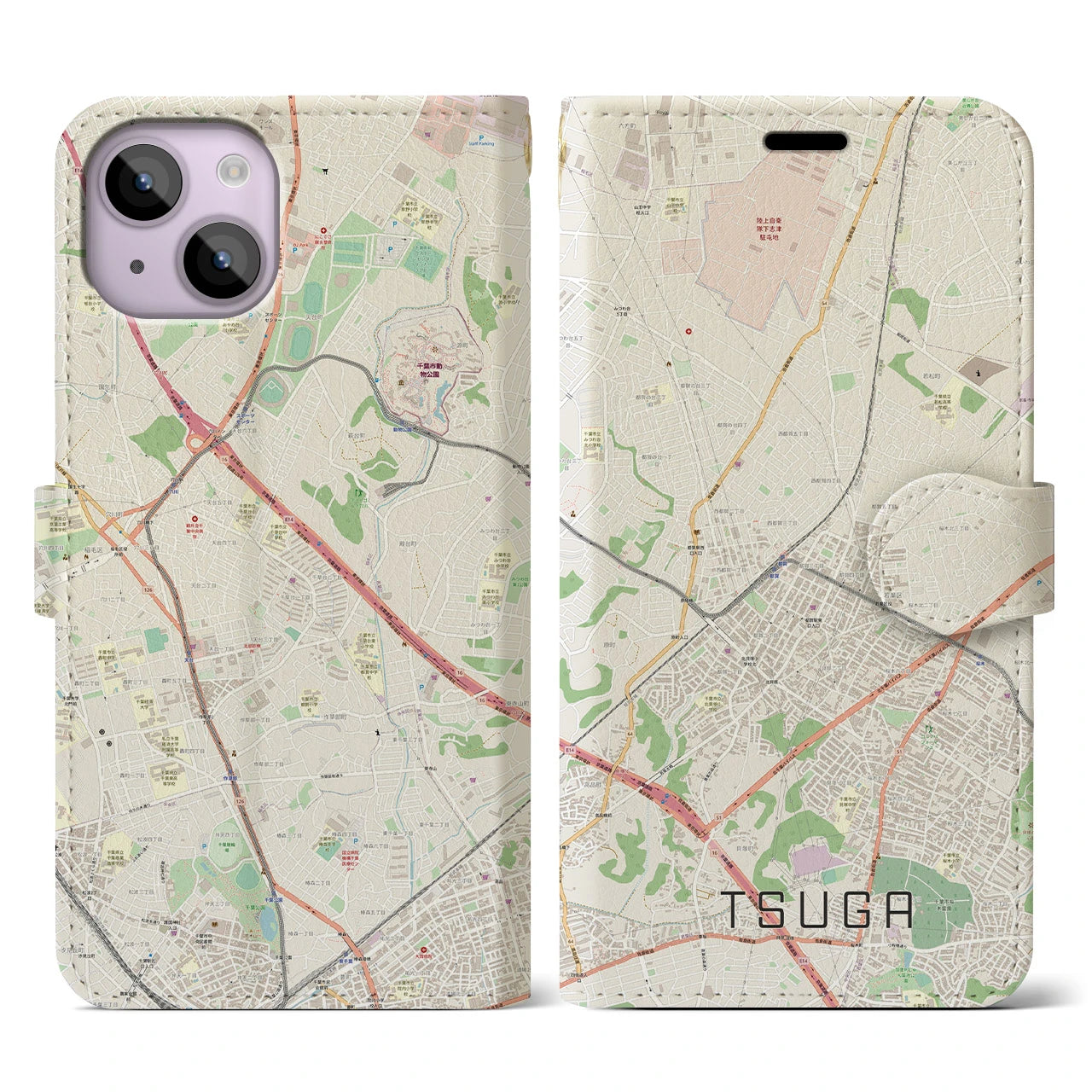 【都賀】地図柄iPhoneケース（手帳両面タイプ・ナチュラル）iPhone 14 用