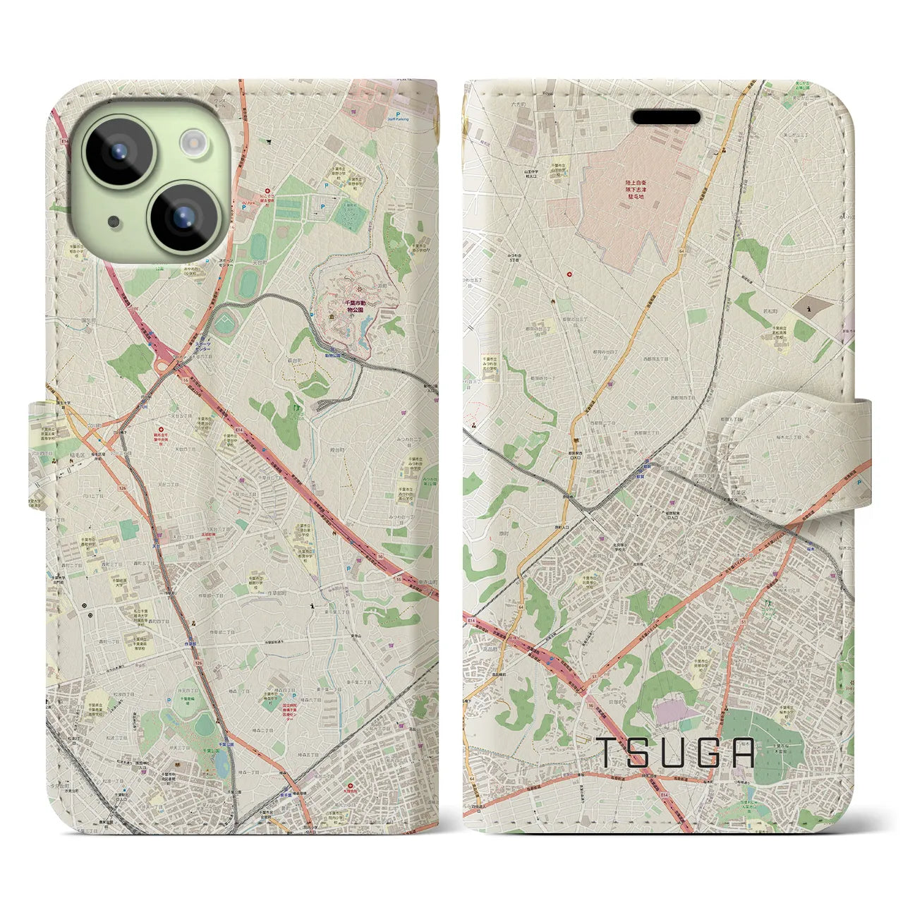 【都賀】地図柄iPhoneケース（手帳両面タイプ・ナチュラル）iPhone 15 用