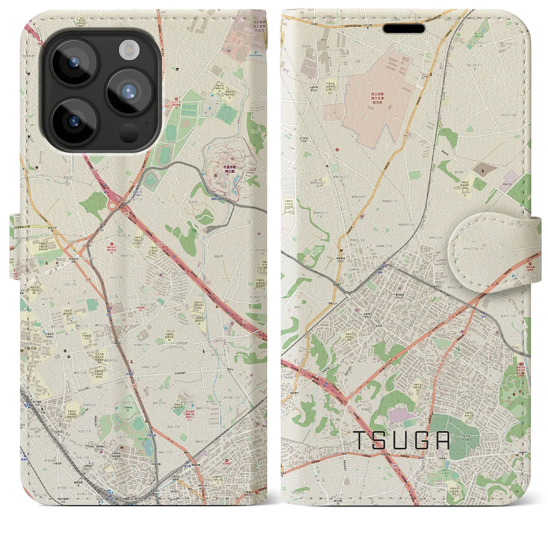 【都賀】地図柄iPhoneケース（手帳両面タイプ・ナチュラル）iPhone 15 Pro Max 用