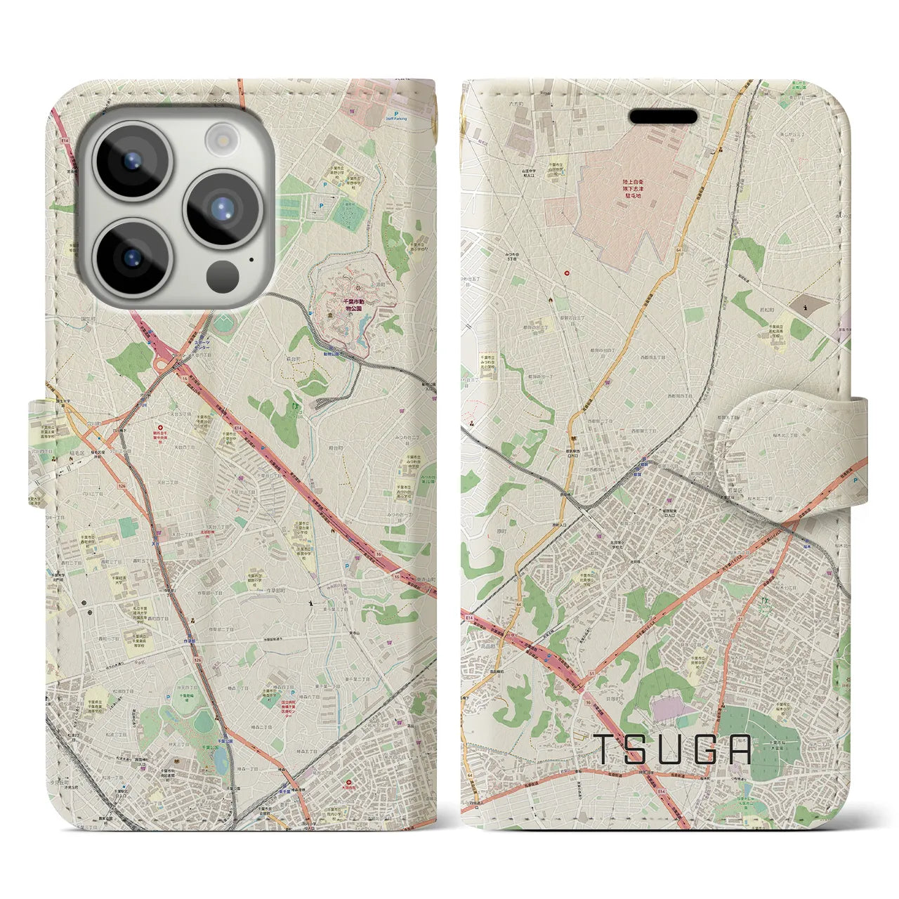 【都賀】地図柄iPhoneケース（手帳両面タイプ・ナチュラル）iPhone 15 Pro 用