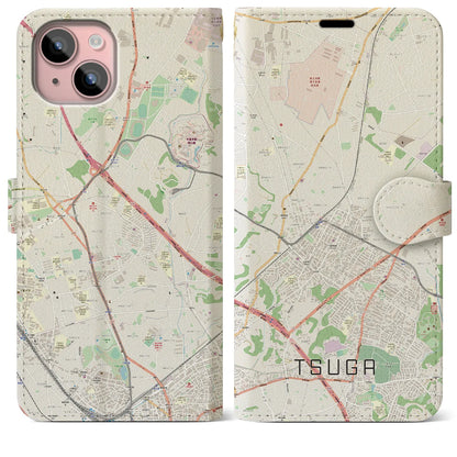 【都賀（千葉県）】地図柄iPhoneケース（手帳タイプ）ナチュラル・iPhone 15 Plus 用