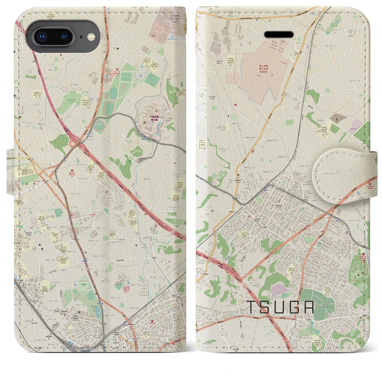 【都賀】地図柄iPhoneケース（手帳両面タイプ・ナチュラル）iPhone 8Plus /7Plus / 6sPlus / 6Plus 用