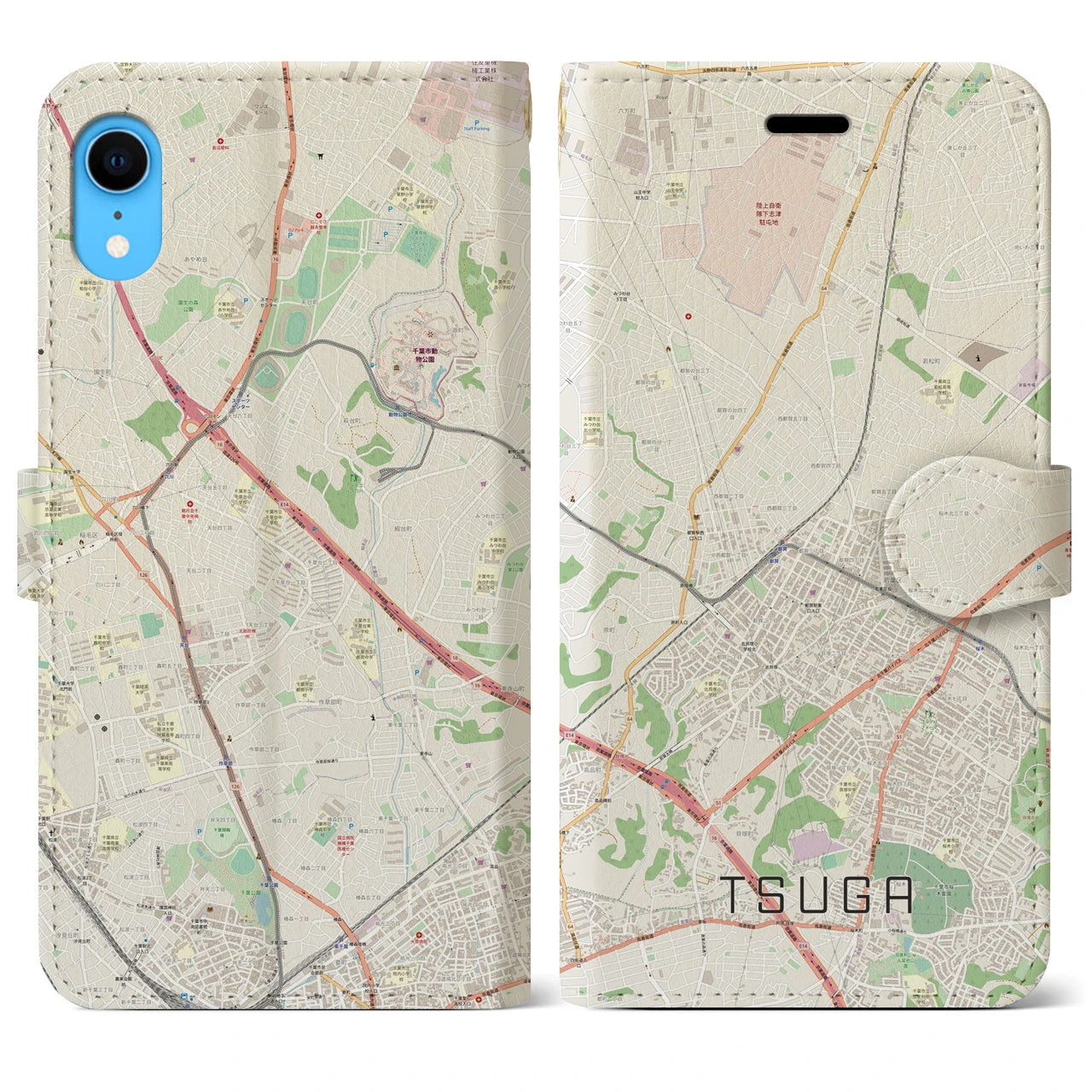 【都賀】地図柄iPhoneケース（手帳両面タイプ・ナチュラル）iPhone XR 用