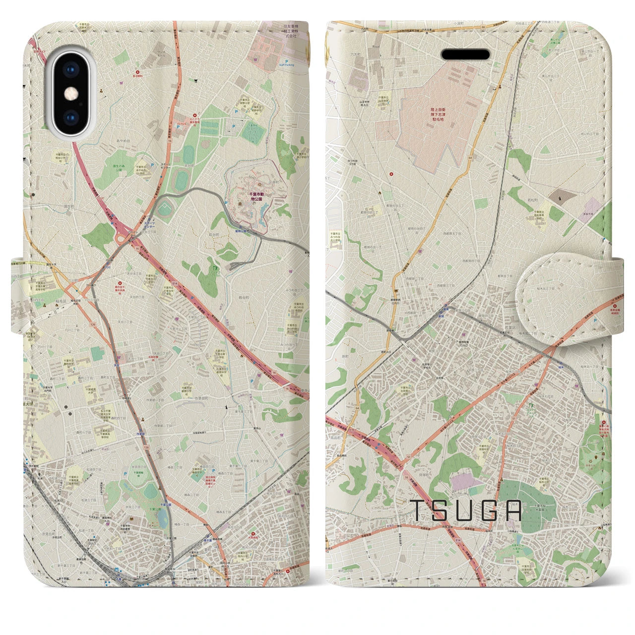 【都賀】地図柄iPhoneケース（手帳両面タイプ・ナチュラル）iPhone XS Max 用