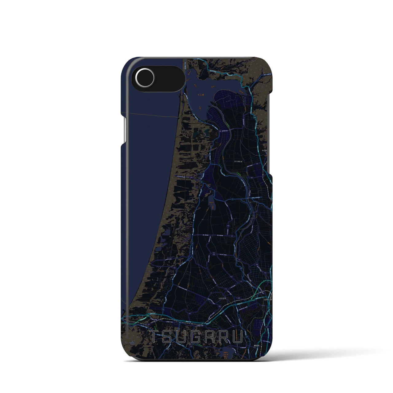 【つがる】地図柄iPhoneケース（バックカバータイプ・ブラック）iPhone SE（第3 / 第2世代） / 8 / 7 / 6s / 6 用
