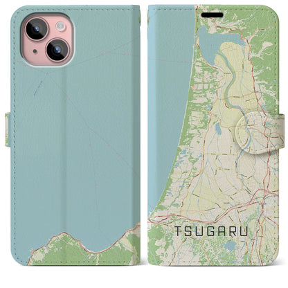 【つがる（青森県）】地図柄iPhoneケース（手帳タイプ）ナチュラル・iPhone 15 Plus 用