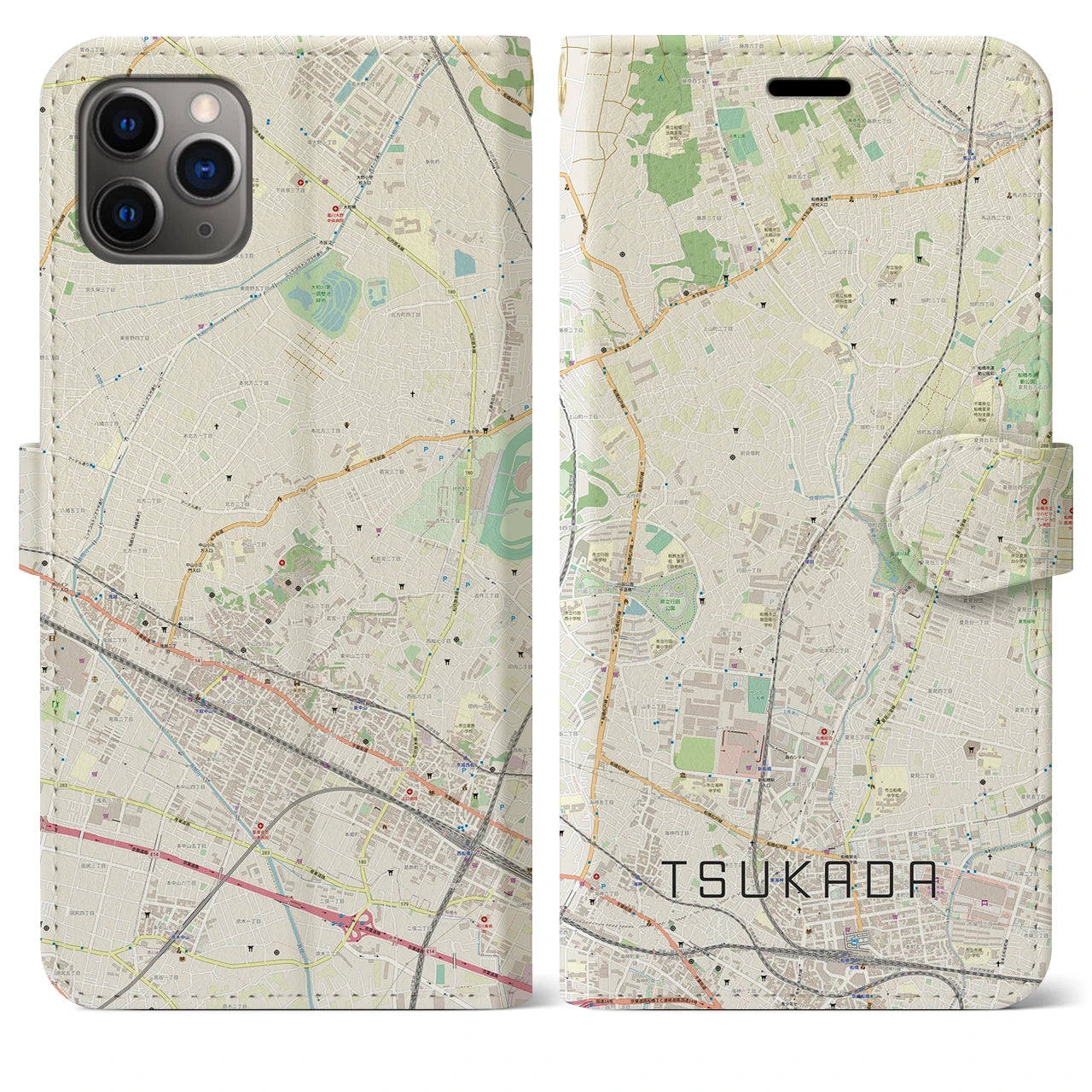 【塚田】地図柄iPhoneケース（手帳両面タイプ・ナチュラル）iPhone 11 Pro Max 用