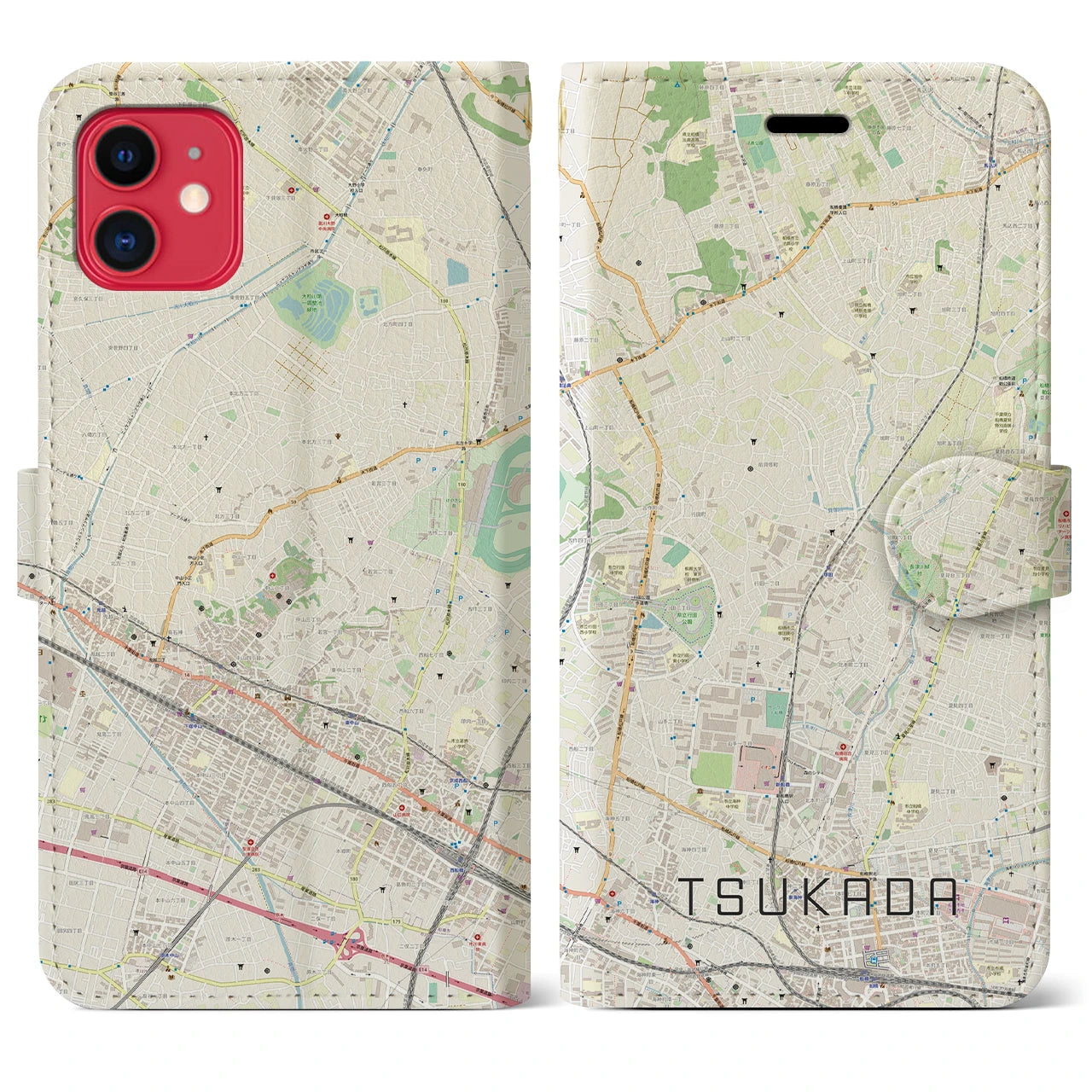 【塚田】地図柄iPhoneケース（手帳両面タイプ・ナチュラル）iPhone 11 用