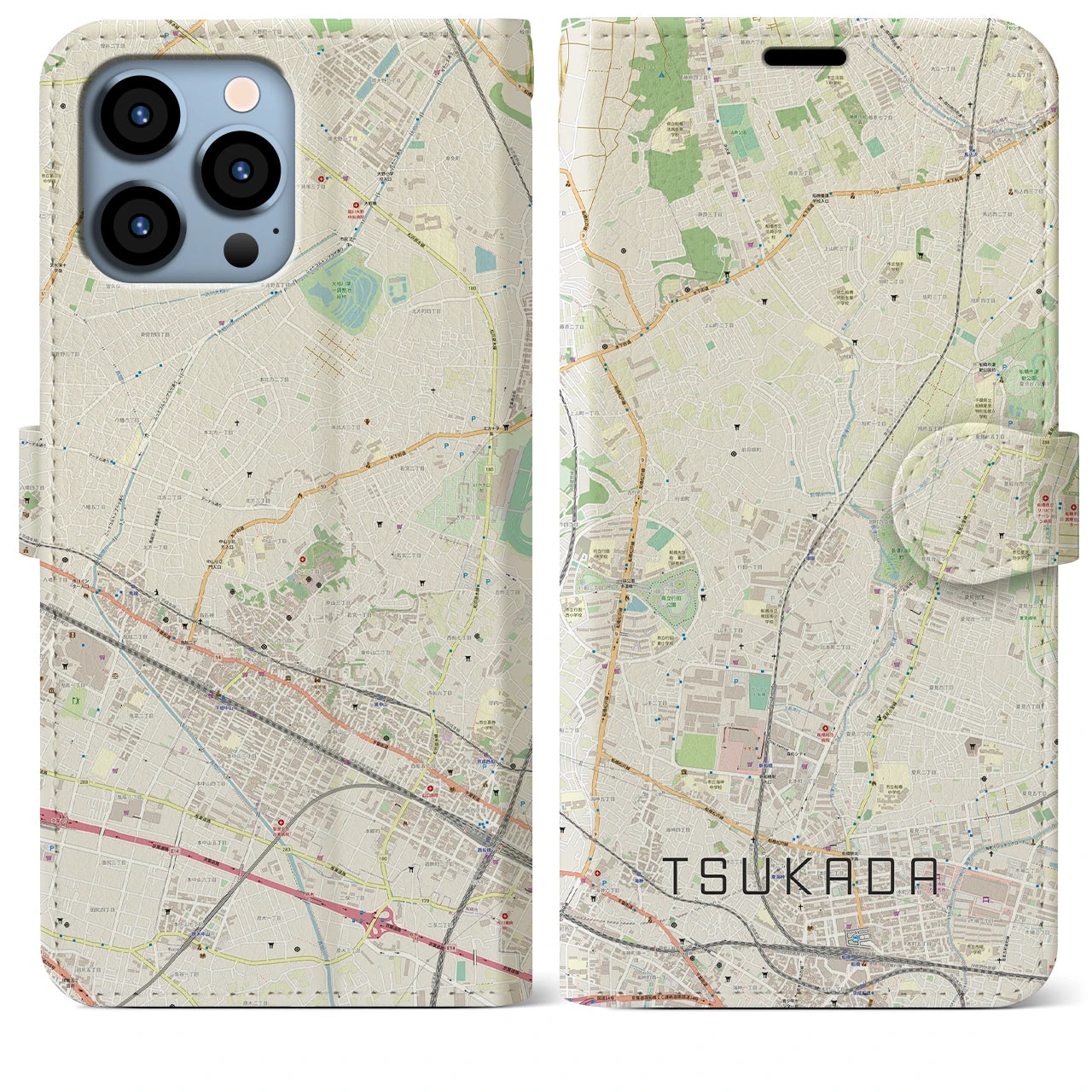 【塚田】地図柄iPhoneケース（手帳両面タイプ・ナチュラル）iPhone 13 Pro Max 用