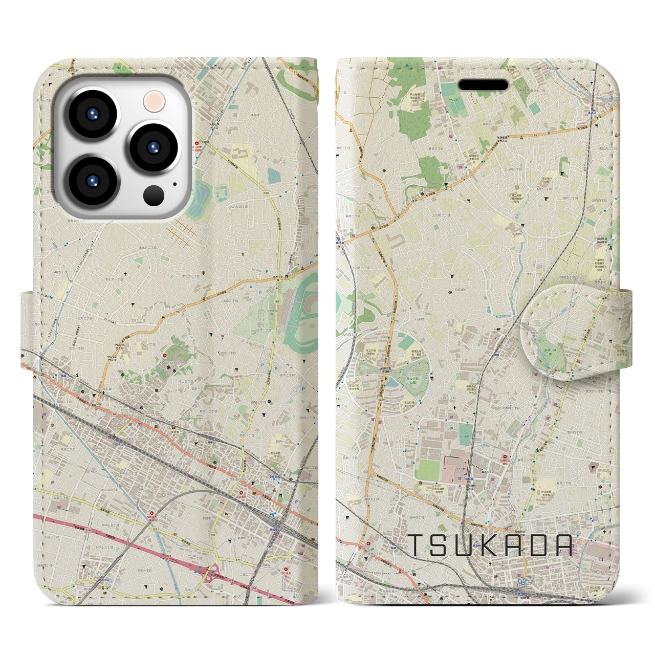 【塚田】地図柄iPhoneケース（手帳両面タイプ・ナチュラル）iPhone 13 Pro 用