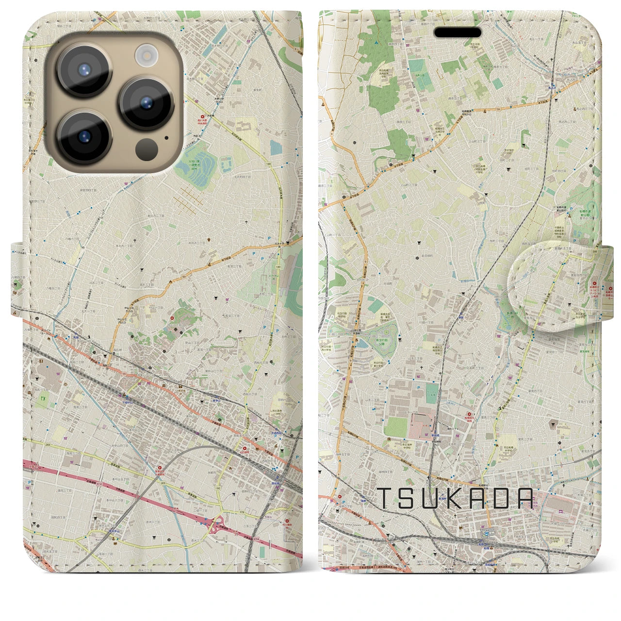 【塚田】地図柄iPhoneケース（手帳両面タイプ・ナチュラル）iPhone 14 Pro Max 用