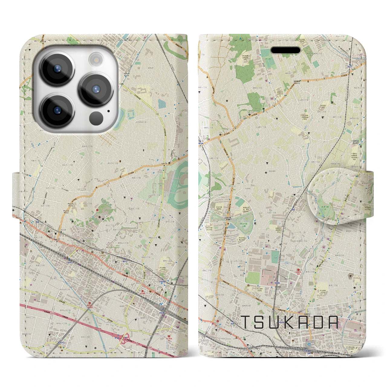 【塚田】地図柄iPhoneケース（手帳両面タイプ・ナチュラル）iPhone 14 Pro 用